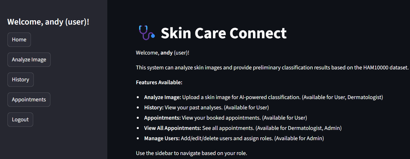 Skin Care Connect dashboard showing the analyze image, history, and appointments navigation